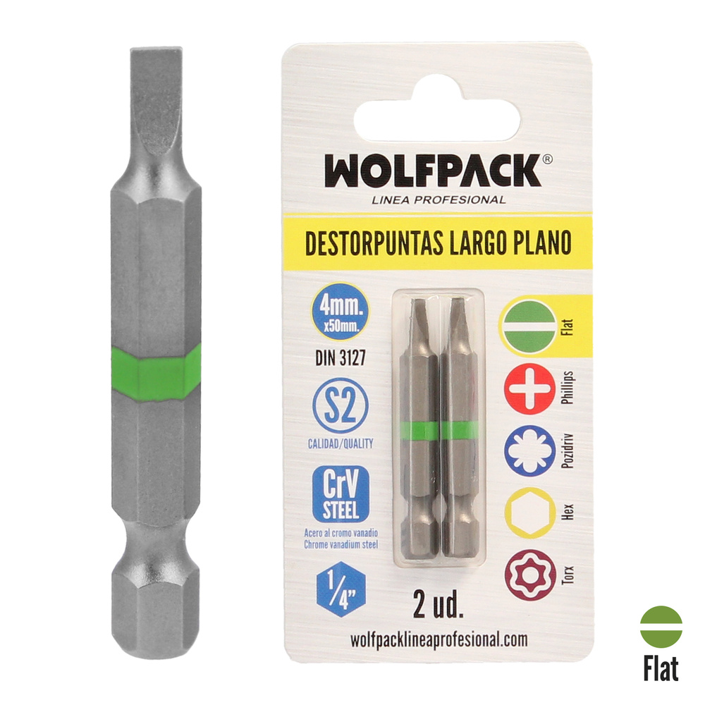 Puntas Destornillador Largo Plano 4 mm. (2 Piezas). Acero S2 al Cromo Vanadio. Puntas Hexagonales, Destorpuntas