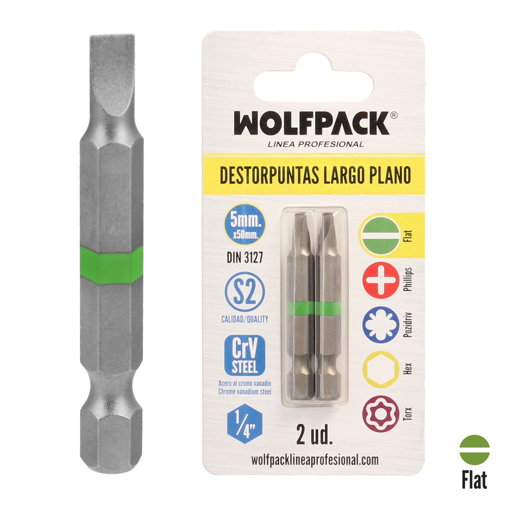 Puntas Destornillador Largo Plano 5 mm. (2 Piezas). Acero S2 al Cromo Vanadio. Puntas Hexagonales, Destorpuntas